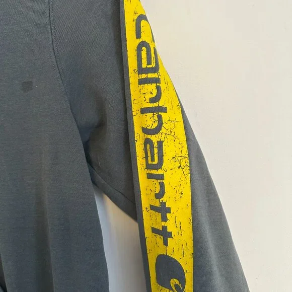 Carhartt Hoodie Sweatshirt Mens XL Gray Yellow Distressed Grunge Long Sleeve - Picture 5 of 10